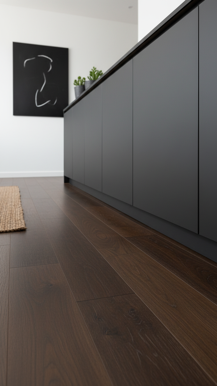 Sophisticated kitchen features wide-plank dark wood flooring seamlessly flowing under minimalist dark cabinets with a rug edge.