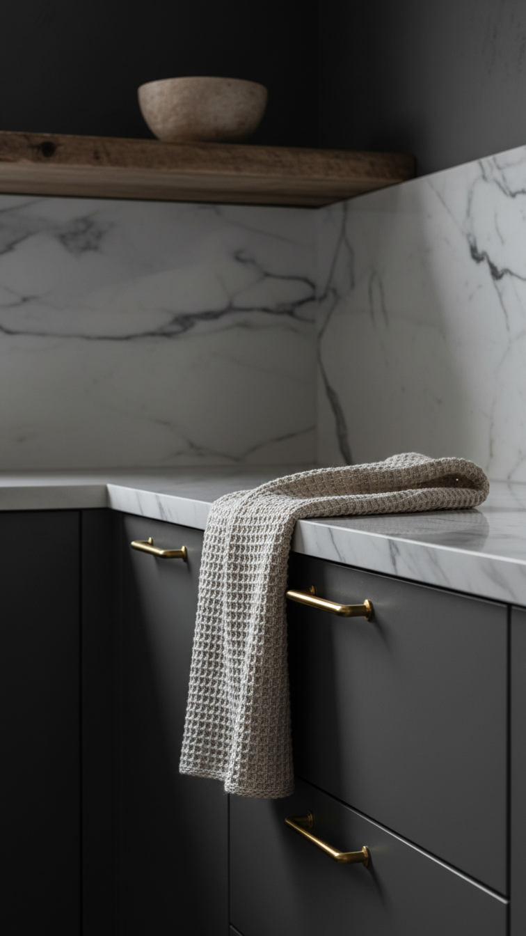 Sophisticated kitchen textures: matte dark cabinetry, reclaimed wood shelf, marble backsplash, knit towel, brass accents.