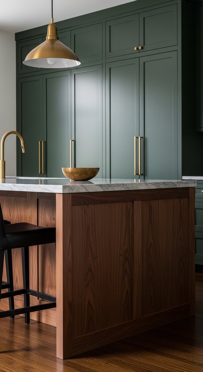 Gorgeous Green And Brown Kitchen Ideas That Wont Look Dark 3 Sophisticated kitchen with a dark walnut waterfall island, black leather barstool, and deep forest green cabinets.