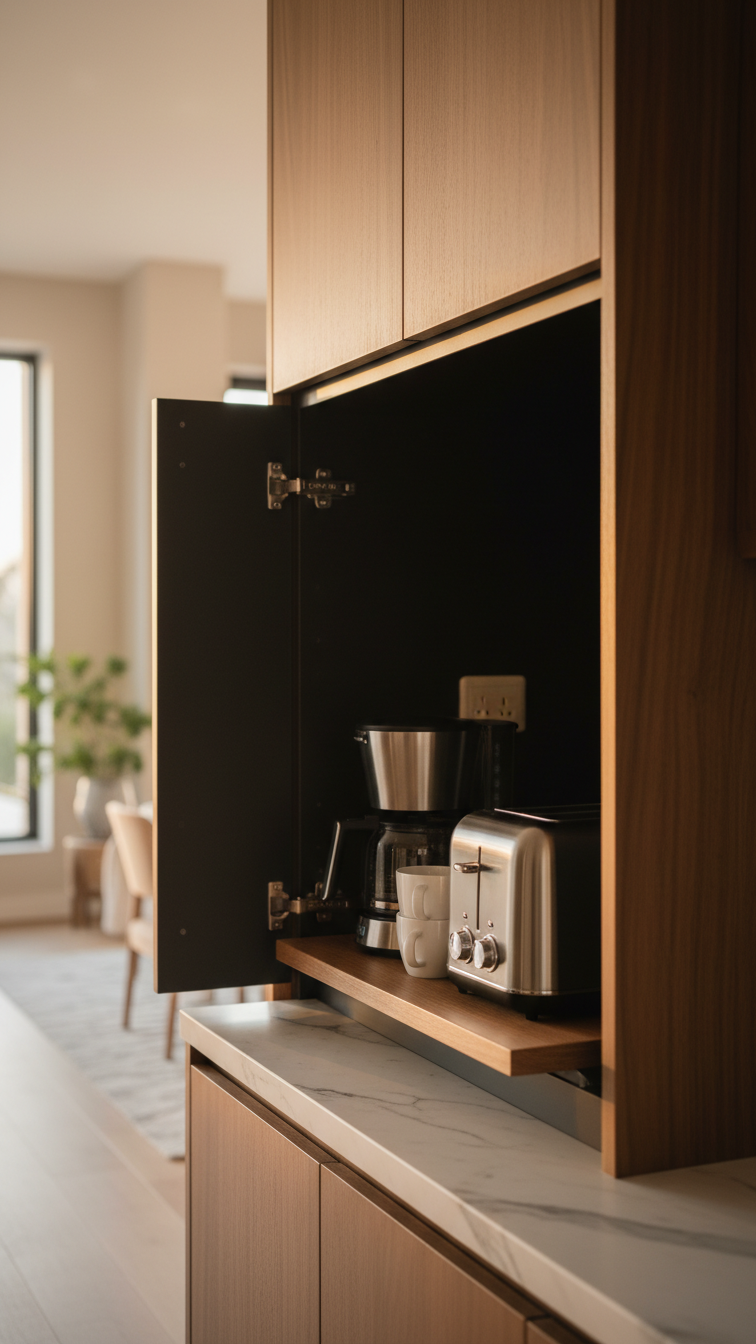 Sophisticated kitchen with open dark wood appliance garage, revealing a hidden coffee maker, toaster on white marble.