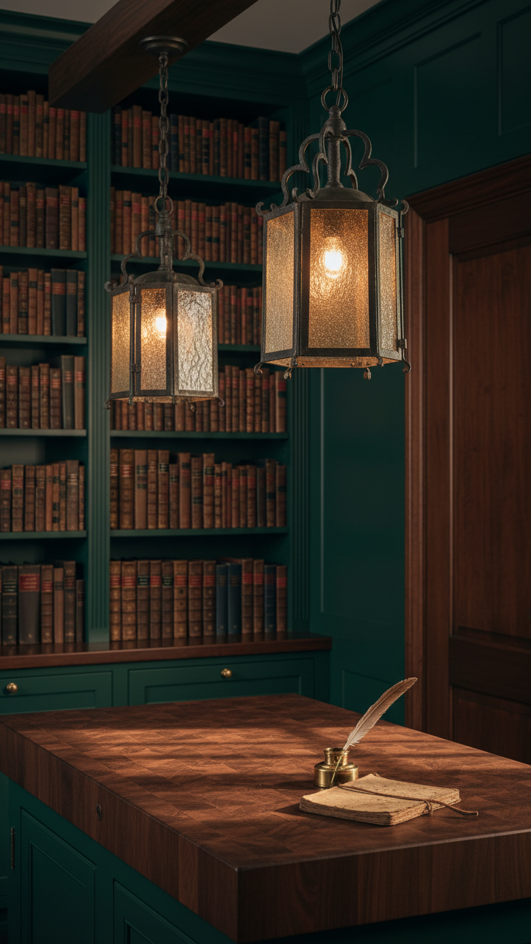Sophisticated library-kitchen with ornate dark metal lanterns & seeded glass over a walnut butcher block, forest green shelves.