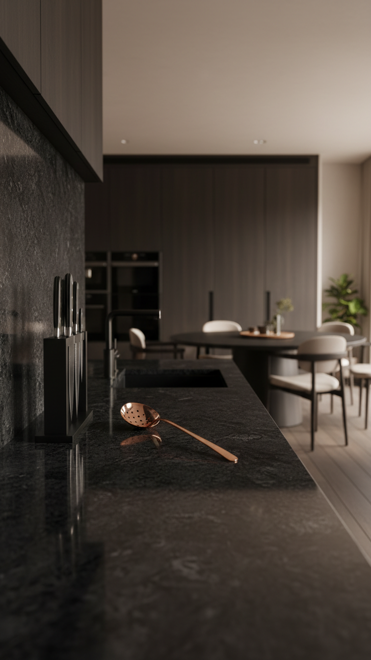 Sophisticated open plan kitchen with seamless dark quartz countertop, matching backsplash, minimalist knife block, and copper utensil.