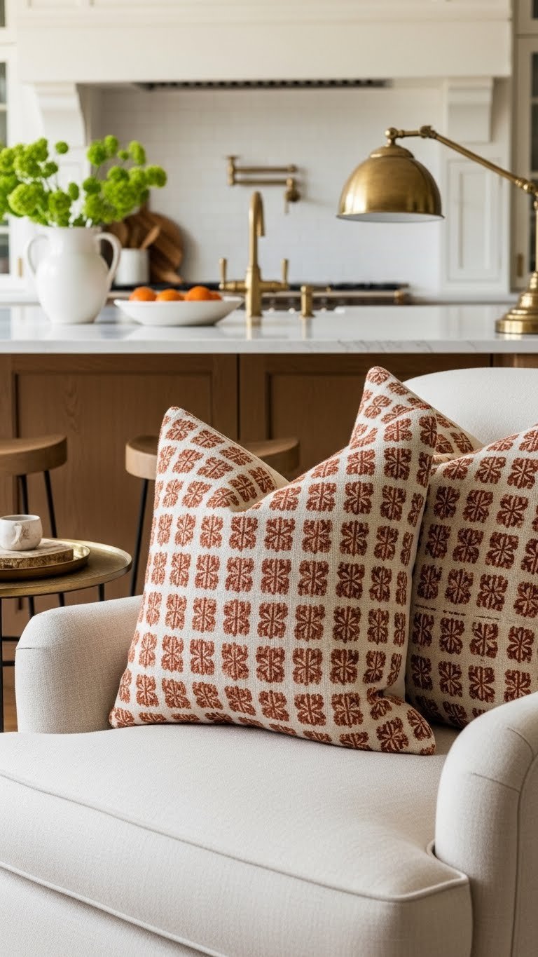 Sophisticated traditional styling with repeated textures and shared patterns, connecting kitchen and living room for warm decor.