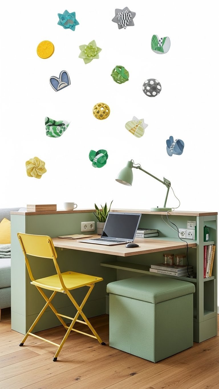 Space-optimized open living/dining features multi-functional furniture, built-in shelving. Wood floor, fresh greens, cheerful yellow accents.