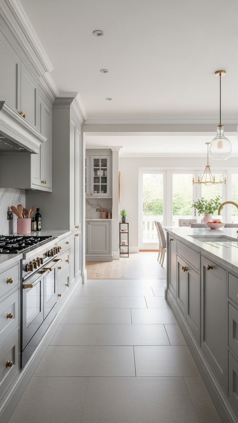 Spacious U-shaped kitchen, smart appliances, ample counters, opens to bright living room. Neutral stone, hardwood floors, modern gray, pink, white marble.