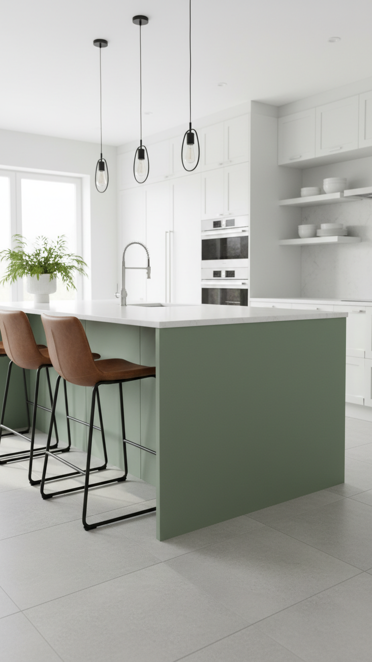 Spacious modern two-tone kitchen with a sage green island, crisp white cabinets, quartz countertop, pendant lights, and leather bar stools.