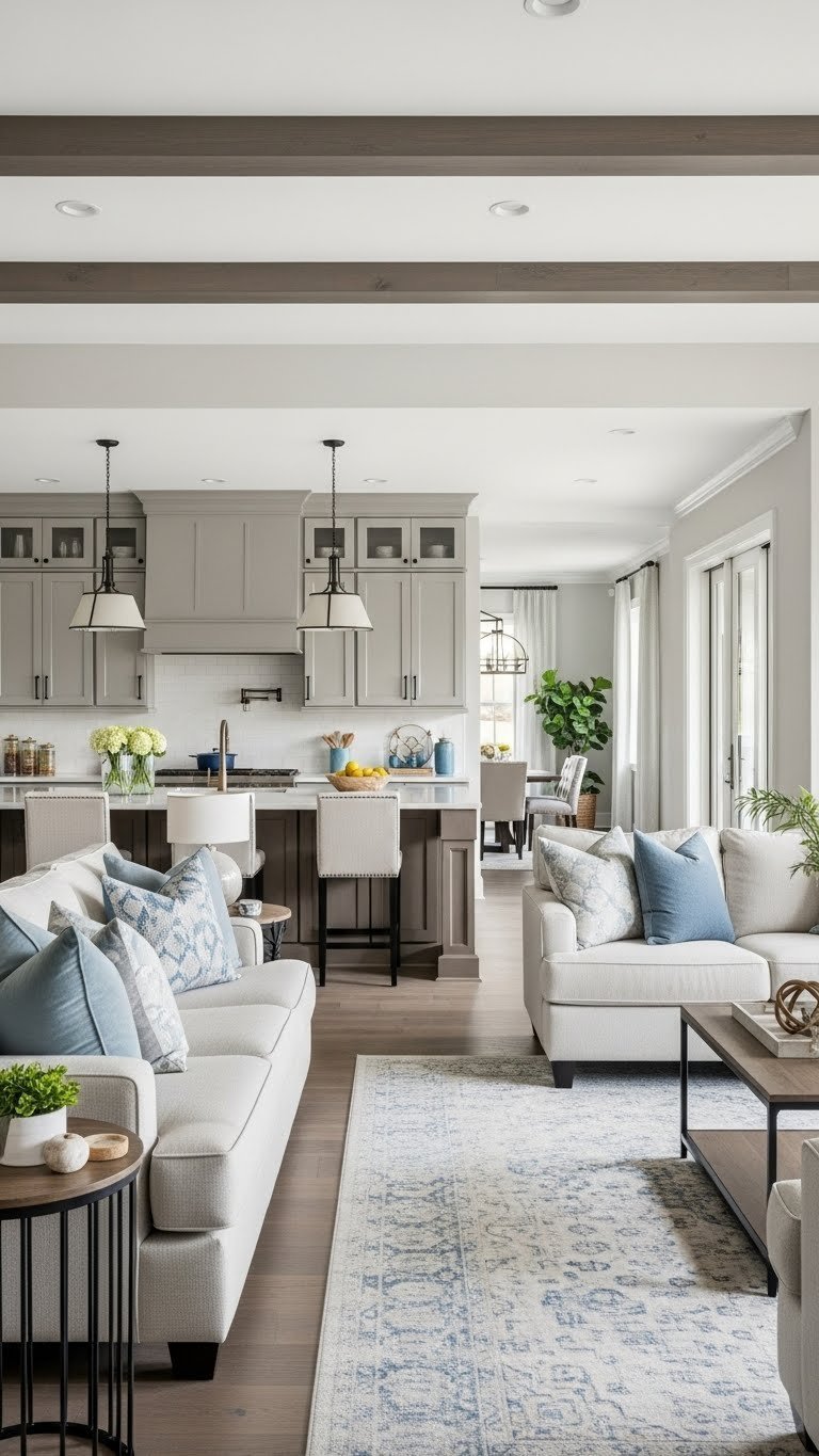 Spacious open concept kitchen and living room with island, area rug, and furniture defining zones. Modern, flowing interior design.