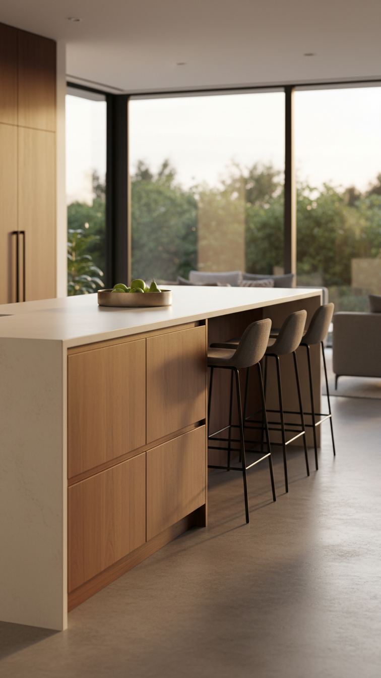 Modern Handleless Kitchen Design: 11 Ideas For Seamless Style 8 Spacious open-plan handleless kitchen with large island, waterfall countertop, recessed toe kick, and sleek bar stools. Modern design.