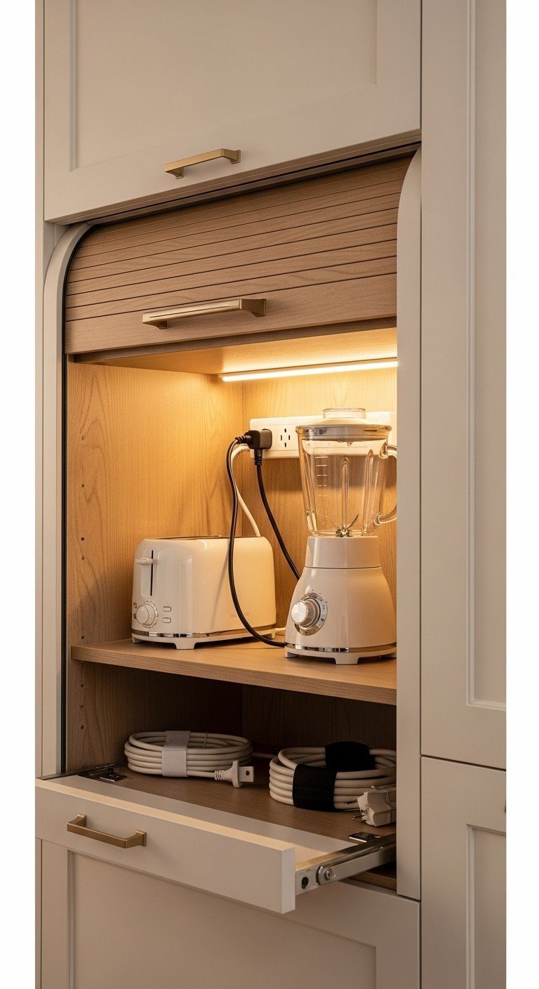 11 Genius Ways To Hide Kitchen Outlets With Flawless Decor 20 Specialized power strip mounted high inside an elegant kitchen appliance garage, hiding outlets for toaster and blender.