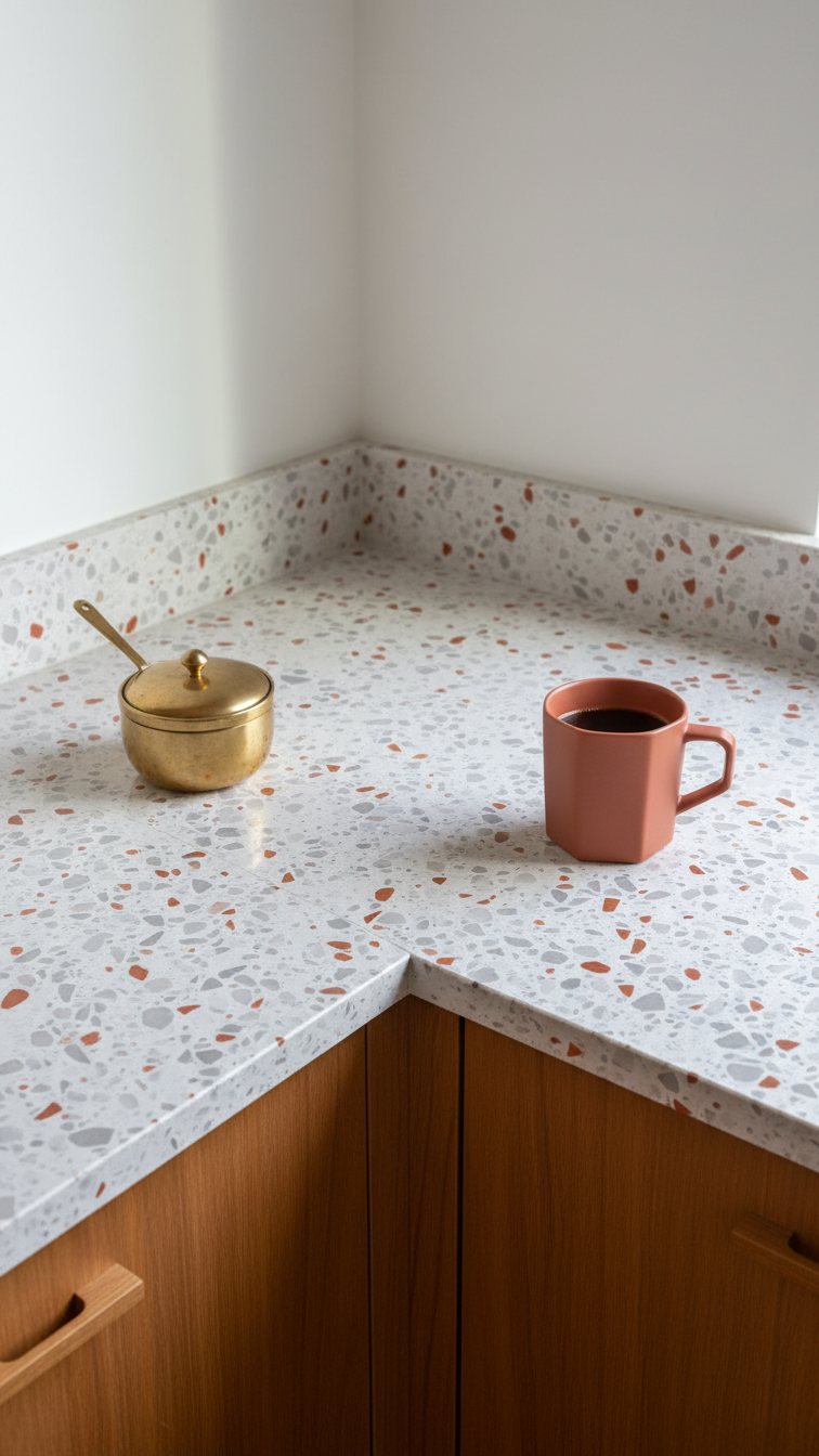 Speckled terrazzo kitchen countertop, mid-century design, featuring warm wood cabinets, brass salt cellar, and geometric mug.