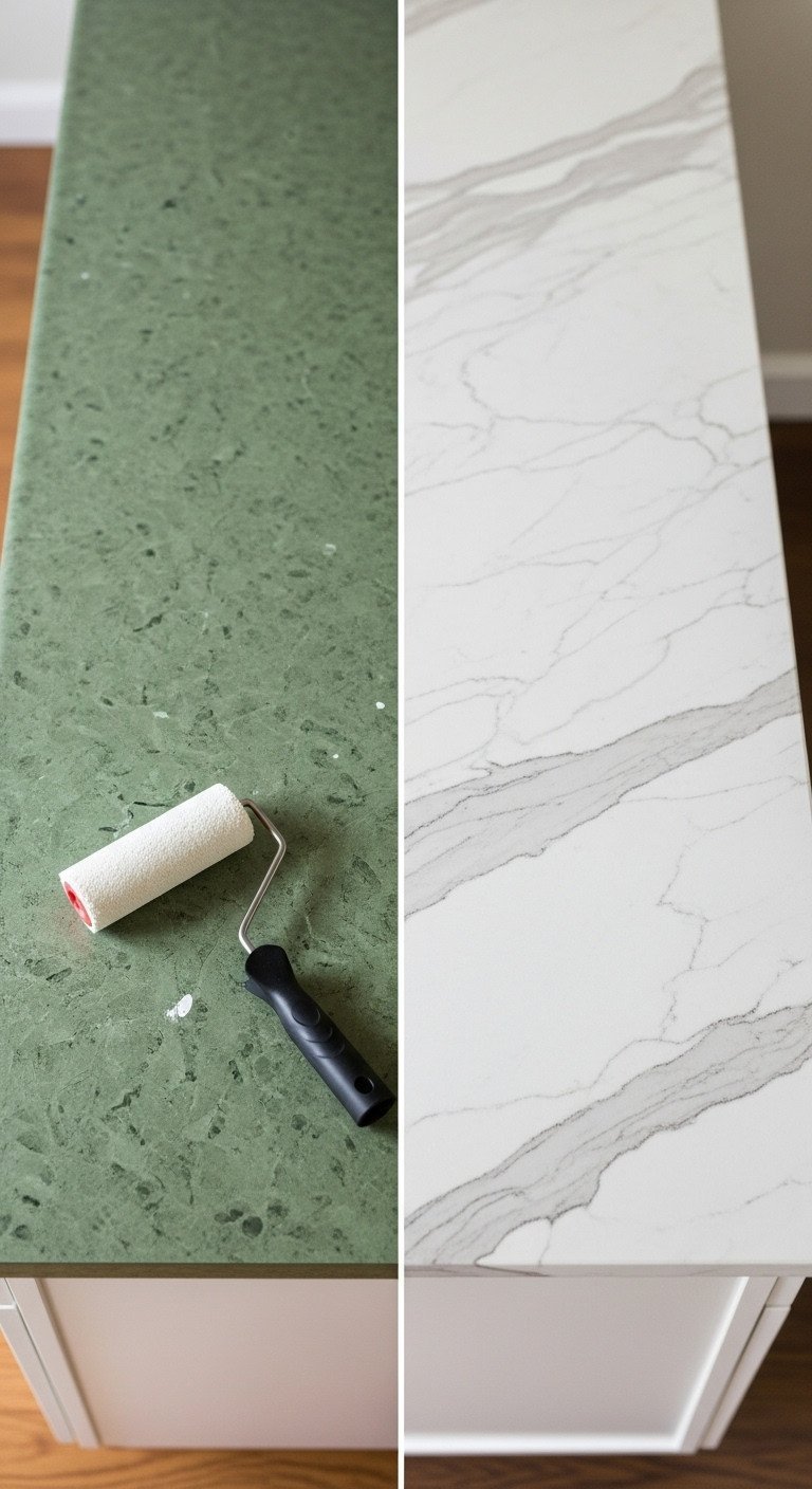 Split image of a kitchen countertop transformation from dated green laminate to a modern, refinished white marble look.