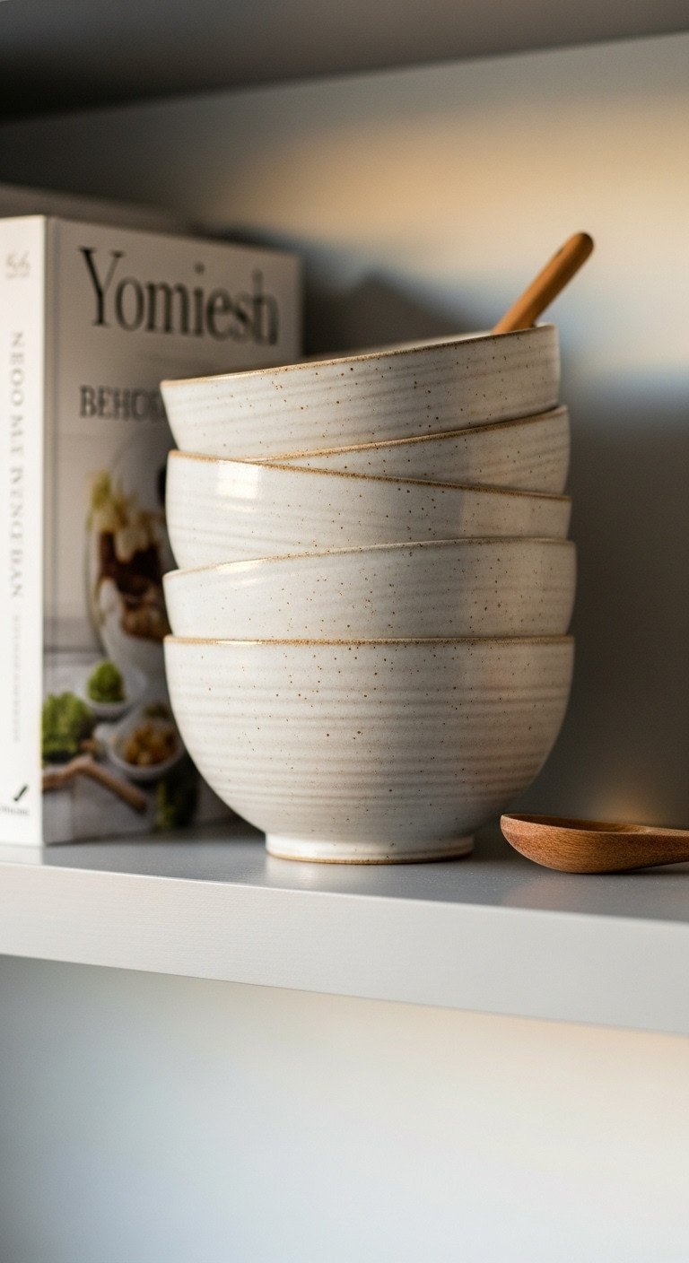 Stack of rustic off-white speckled stoneware bowls on a gray kitchen shelf next to a cookbook and small wooden spoon.