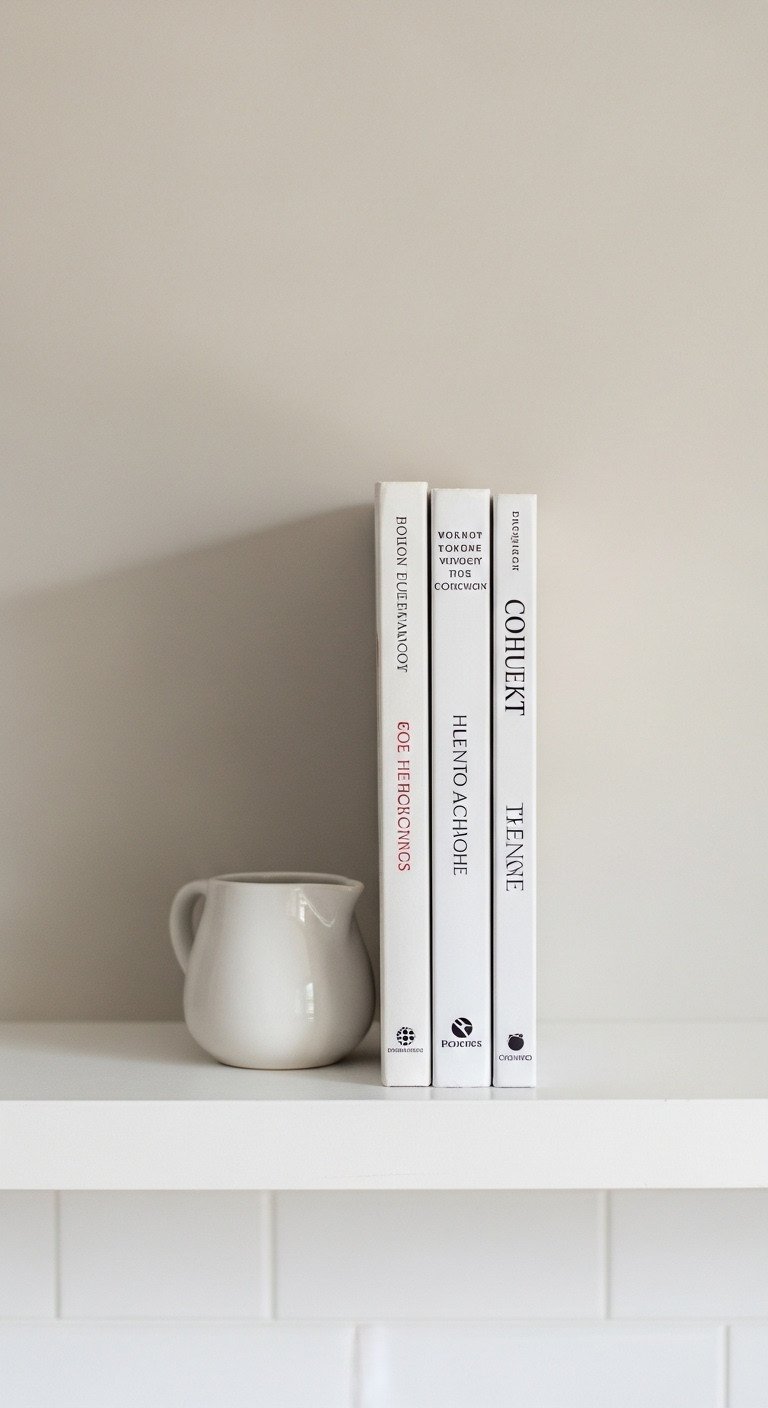 Stack of three aesthetic hardcover cookbooks styled on a white wooden shelf with a small white ceramic creamer in front.