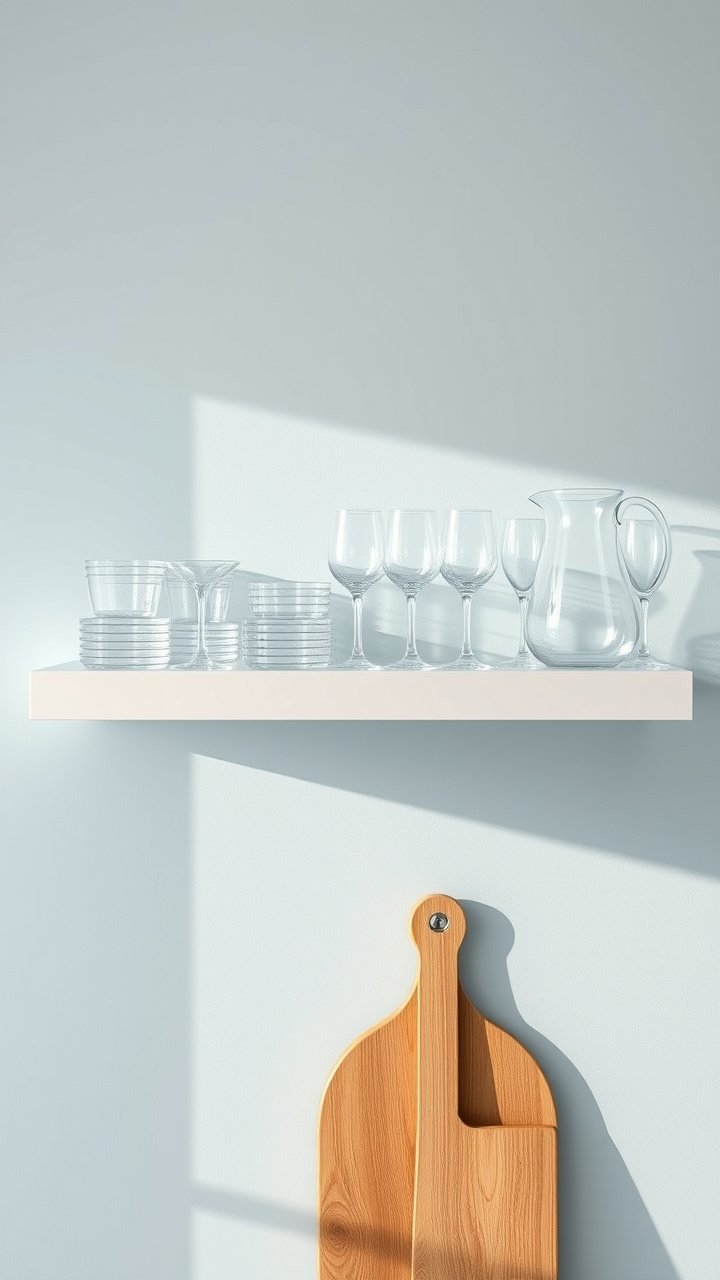 Stacked navy blue floating shelves on a light gray wall, styled with blue and white patterned bowls and a small brass vase.