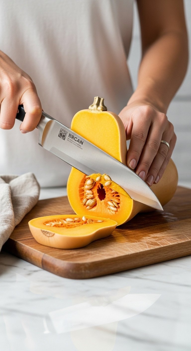 Stainless steel chef's knife safely slicing butternut squash on a wooden board, showcasing exposed seeds for meal prep.