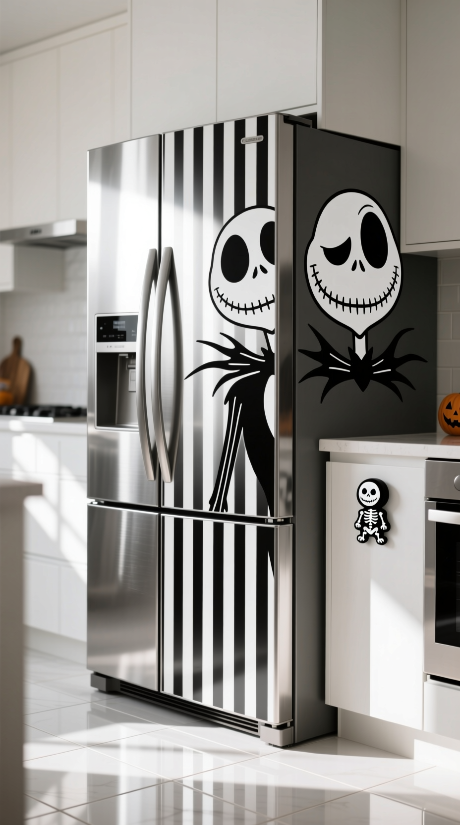 11 Essential Nightmare Before Christmas Kitchen Decor 7 Stainless steel fridge with Jack Skellington decal, Zero magnetic wrap. Nightmare Before Christmas kitchen decor.