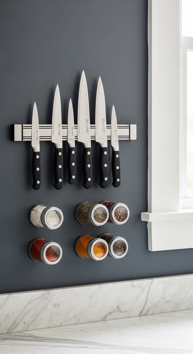 Stainless steel magnetic knife strip with chef's knives and colorful spice tins organized on a modern charcoal gray kitchen wall.