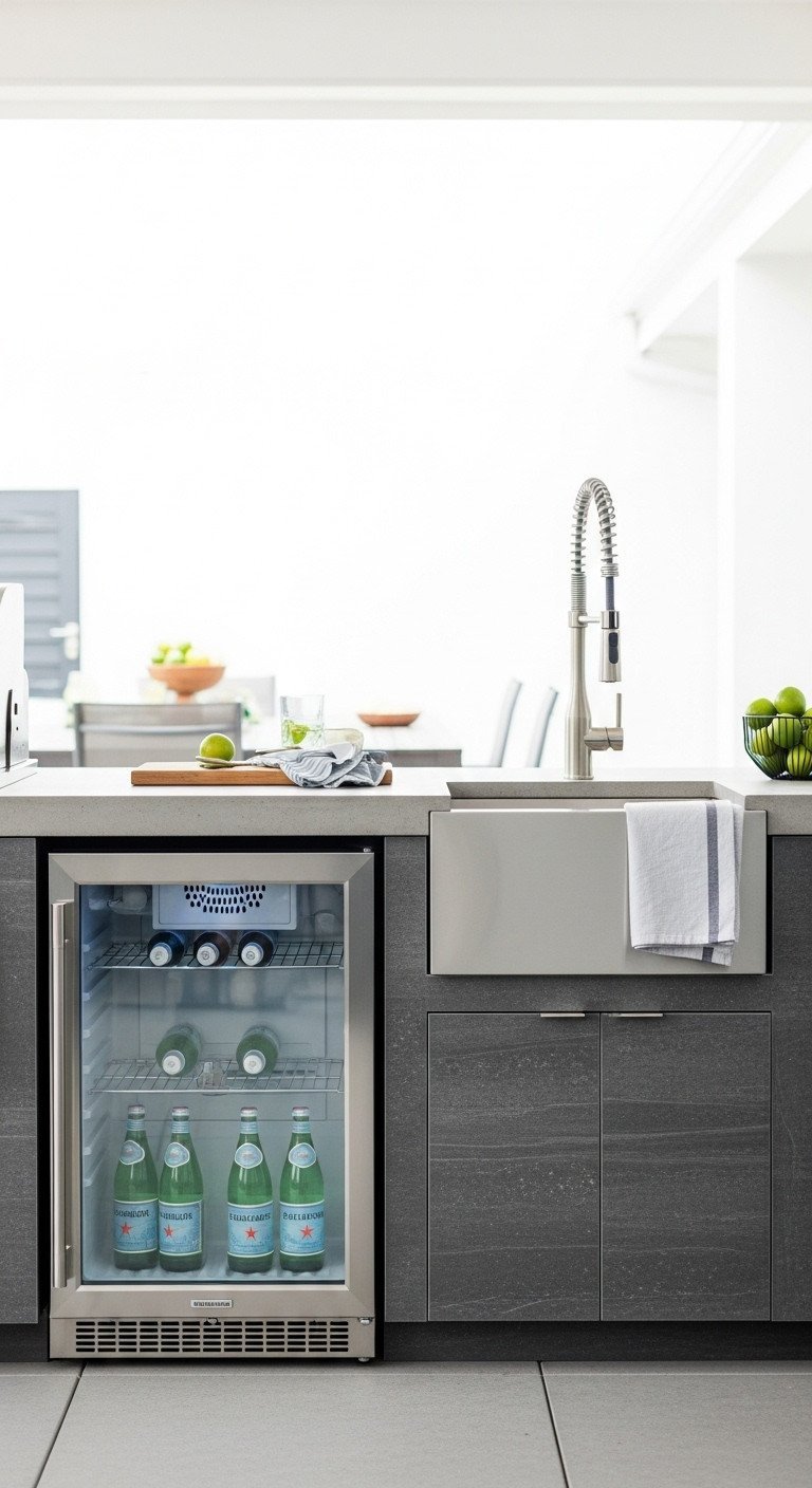 Brilliant Outdoor Kitchen Design Plans To Avoid Costly Mistakes 9 Stainless steel outdoor fridge and sink with a gooseneck faucet installed in a modern kitchen with concrete countertops.