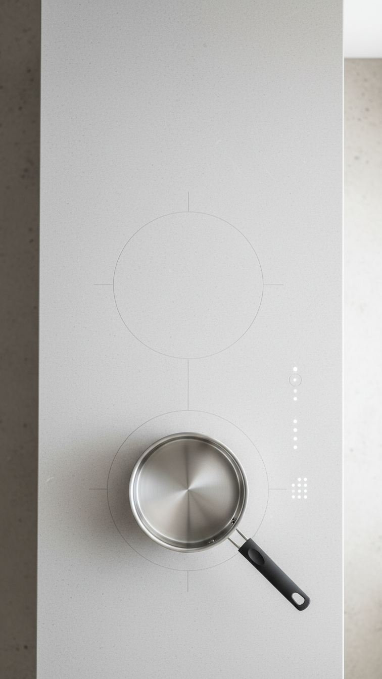 State-of-the-art kitchen: concealed induction hob under light gray stone countertop with subtle etched markings.