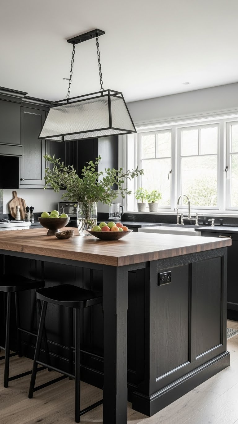 Statement dark forest green kitchen island, butcher block counter, stools, and fruit bowls. Elegant kitchen design.