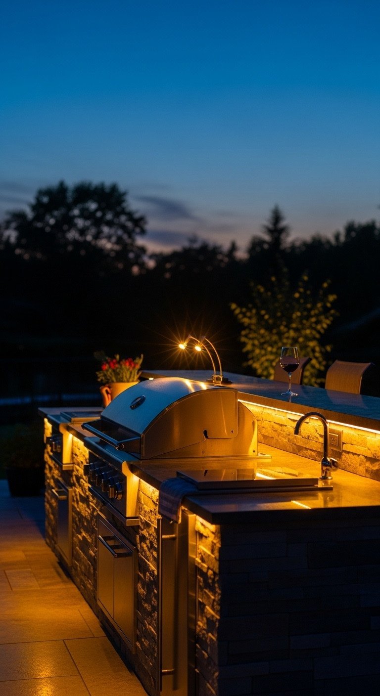 Brilliant Outdoor Kitchen Design Plans To Avoid Costly Mistakes 14 Stone outdoor kitchen at dusk, illuminated by warm under-counter LED strip lighting and focused grill task lights.