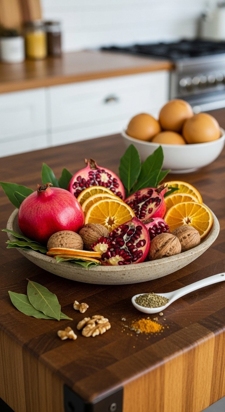 Stoneware platter with pomegranates, dried oranges, walnuts, bay leaves on raw butcher block. Natural, colorful kitchen display.