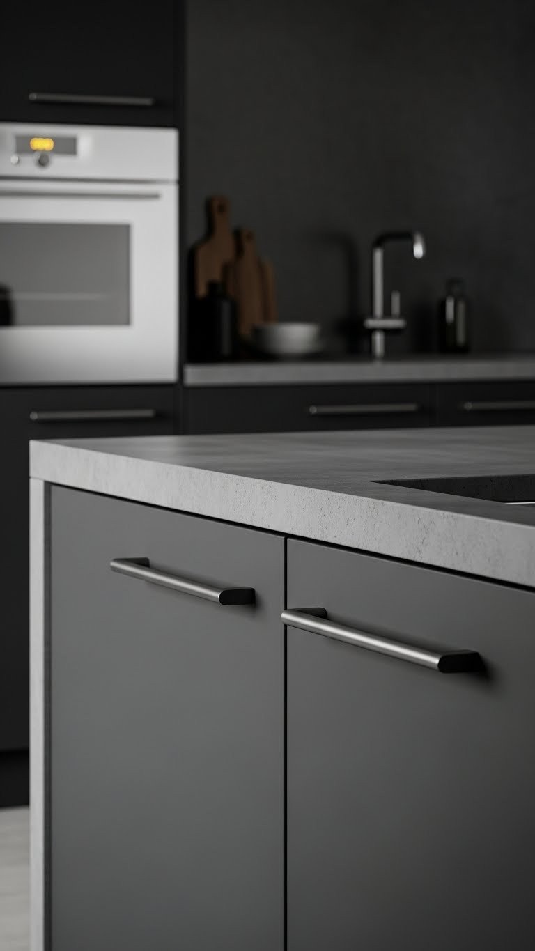 Transform Kitchens With 7 Moody Hardware Picks: Expert Tips 7 Streamlined dark gunmetal gray handles on smooth, dark grey kitchen slab cabinets, with a cement countertop and steel details.