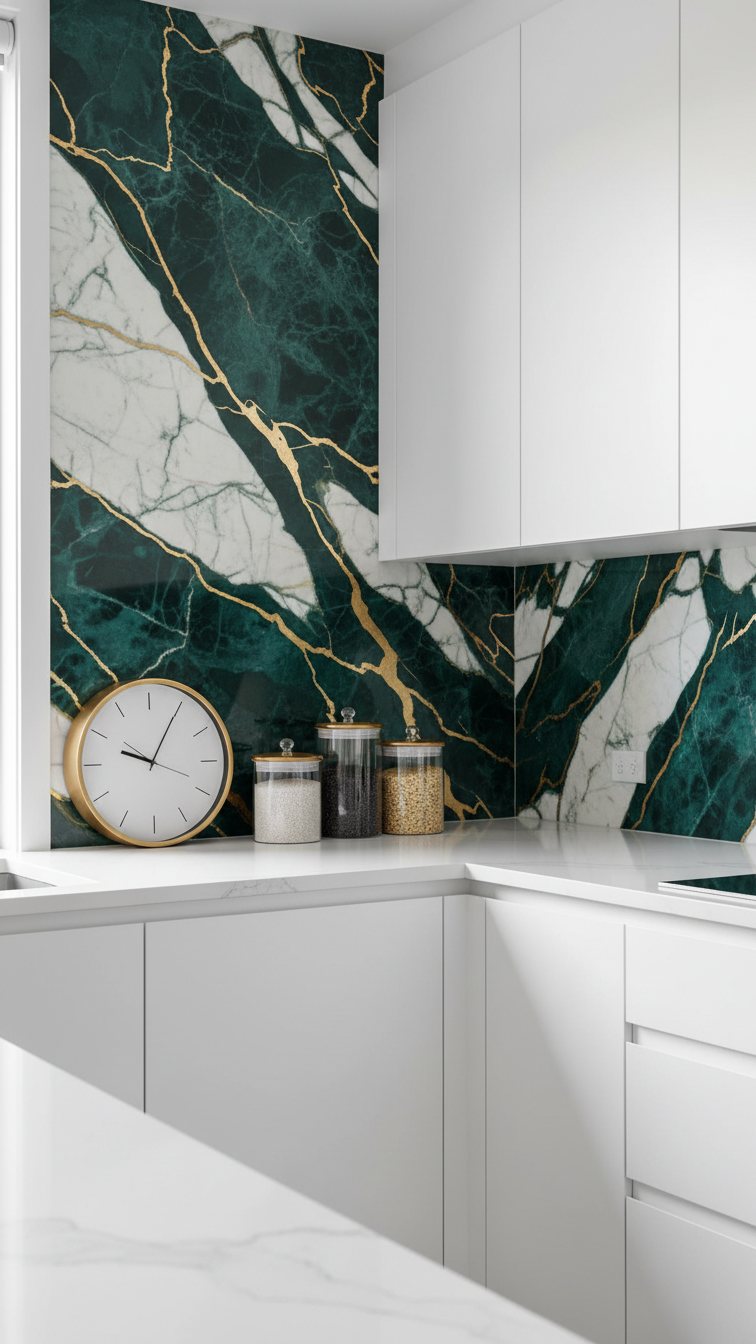 Striking L-shaped kitchen backsplash with large geometric tiles, a focal point. Modern design in white, deep emerald green, and gold accents.