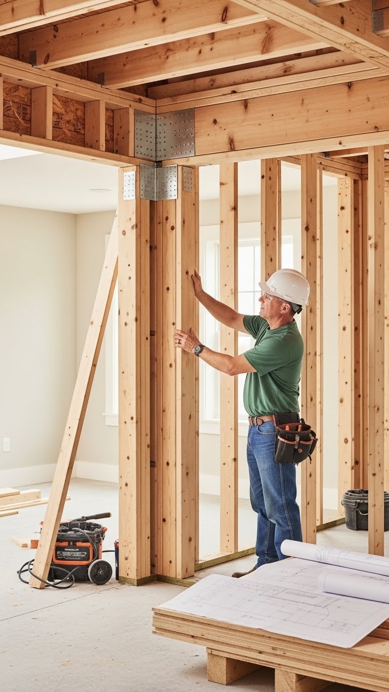 Structural engineer inspects new beam and framing in a home remodel, ensuring secure support for an open concept living area.