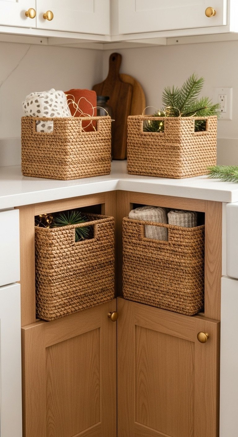 Structured woven storage baskets with throw blanket and pine sprigs on natural wood kitchen cabinets for decor.