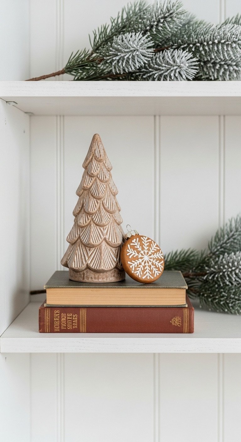 Styled Christmas hutch shelf with rustic ceramic tree, stacked vintage books, and gingerbread ornament. Cozy holiday vignette with frosted pine.