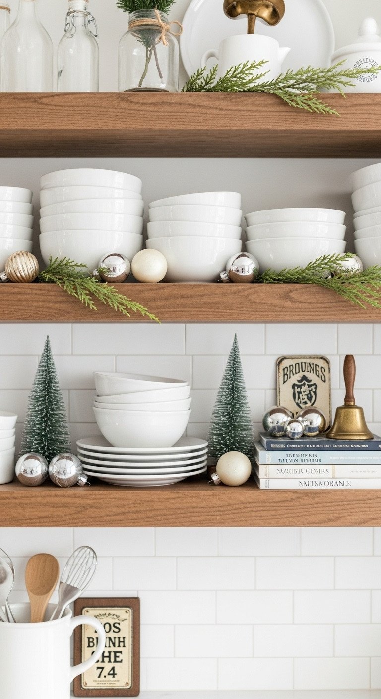 Styled Christmas open kitchen shelving: white ceramic dishware, silver and cream ornaments, faux cedar, seasonal cookbooks.