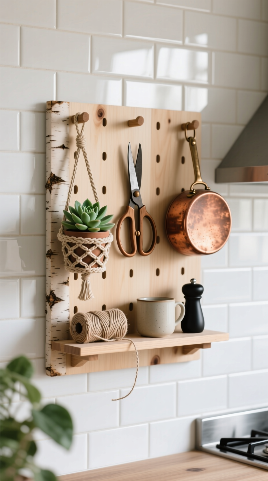 13 Genius Boho Kitchen Wall Decor Ideas You Can Style 21 Styled birch plywood pegboard organizer on a white tile wall in a Scandi-boho kitchen holding a plant, mug, and utensils.