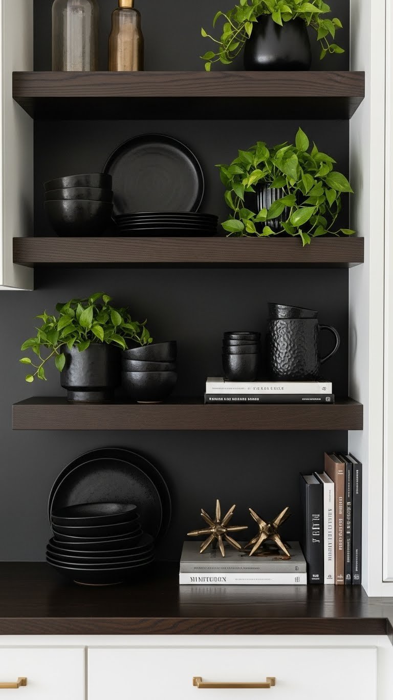 Styled dark wood open shelving in moody kitchen: matte black ceramics, brass accents, green plants, cookbooks, curated design.