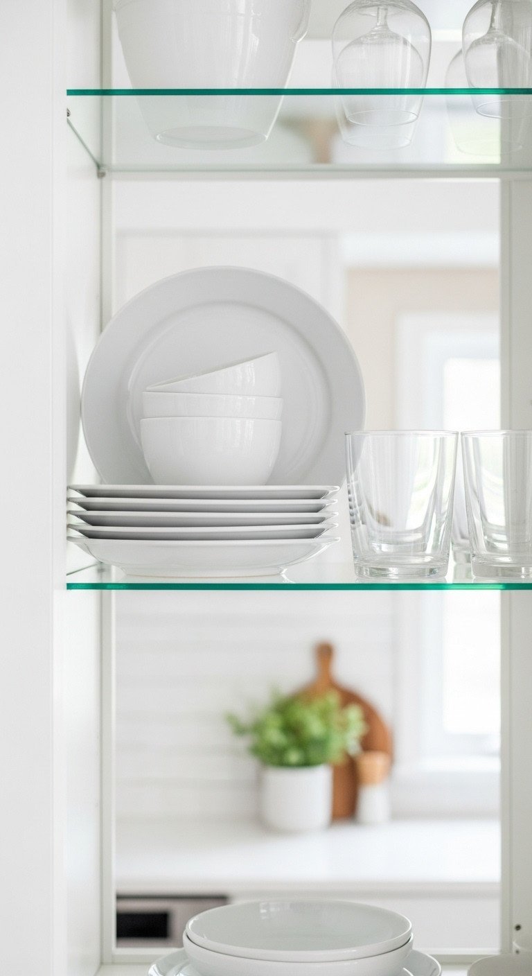 Styled glass kitchen cabinet with white ceramic dishes, clear glassware, and negative space, illuminated by soft natural light. Modern kitchen decor.