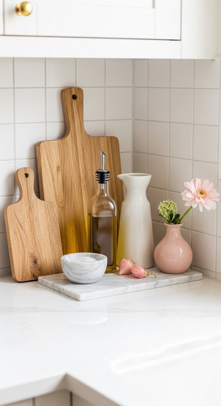 Styled kitchen countertop corner with a wood cutting board, marble bowl with salt, and an elegant ceramic olive oil dispenser.
