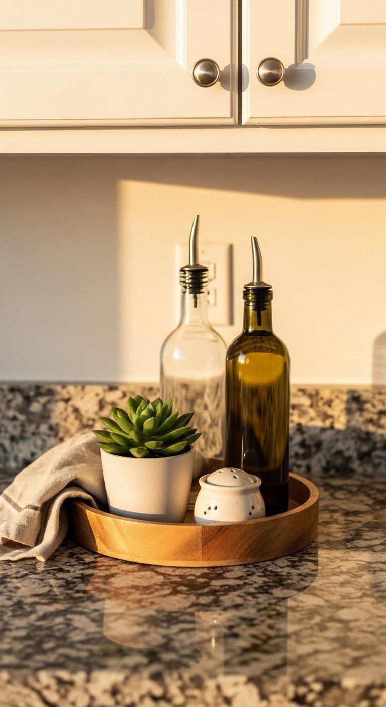 9 Non Modular Kitchen Organization And Decor Secrets 9 Styled kitchen countertop decor hub: wooden tray with succulent, olive oil dispenser, salt cellar on granite, warm golden light.