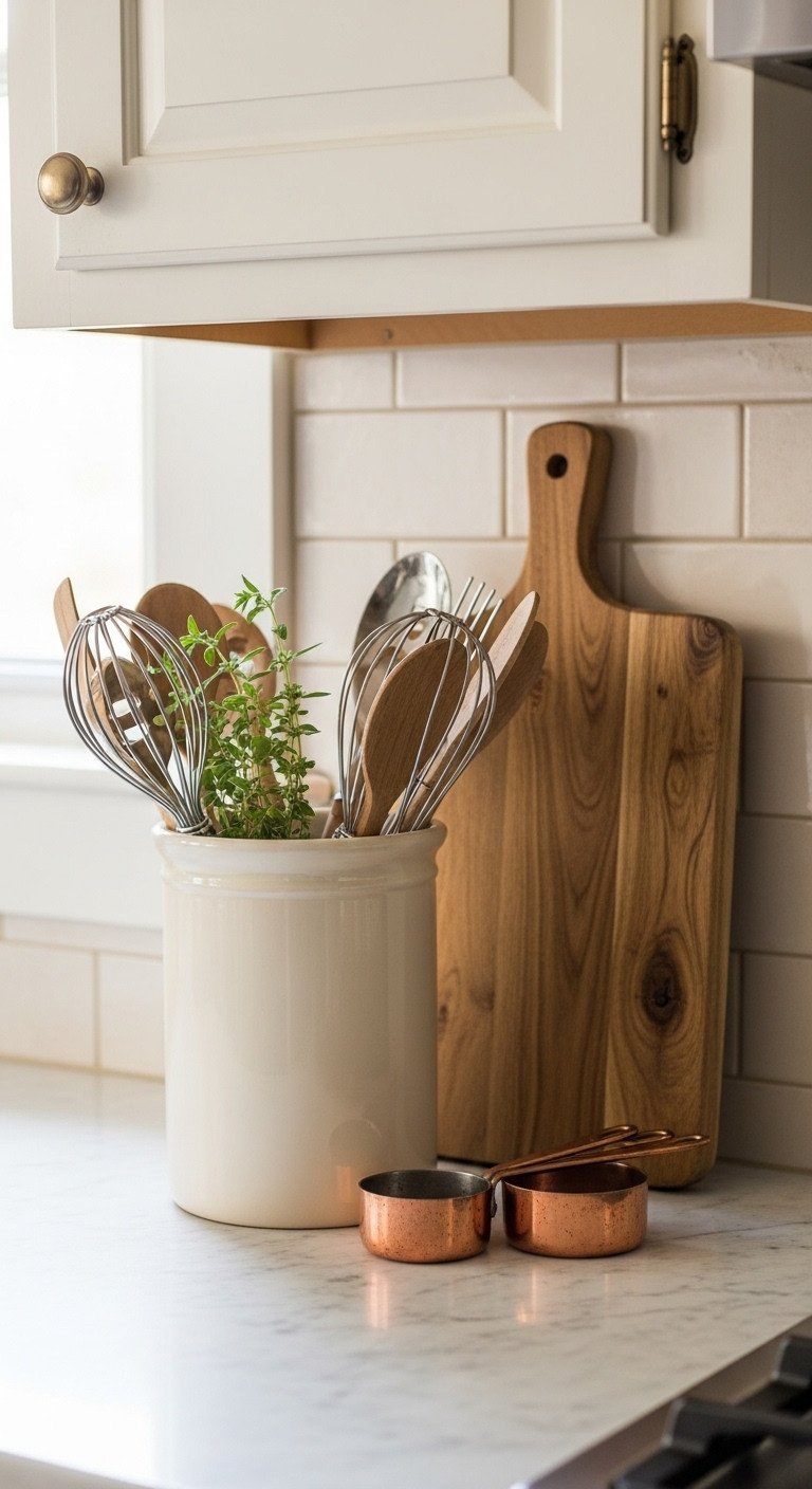 7 Genius Ways To Decorate Your Old Kitchen On A Budget 3 Styled kitchen countertop vignette: vintage ceramic utensil crock with herbs, wooden cutting board, antique copper measuring cups on marble.