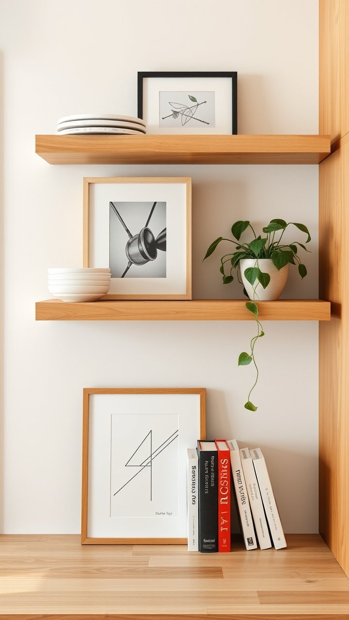 9 Brilliant Kitchen Wall Art Ideas And How To Hang Them 15 Styled light oak floating shelves with layered art, cookbooks, and a trailing pothos plant in a modern bohemian-style kitchen.