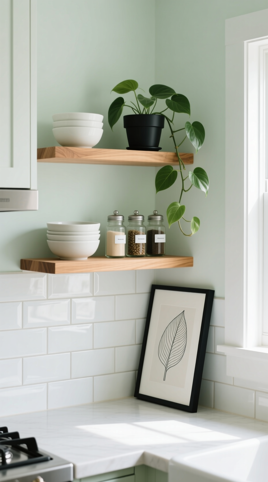 Styled light oak floating shelves with minimalist decor and plants mounted on a white subway tile wall in a modern kitchen.