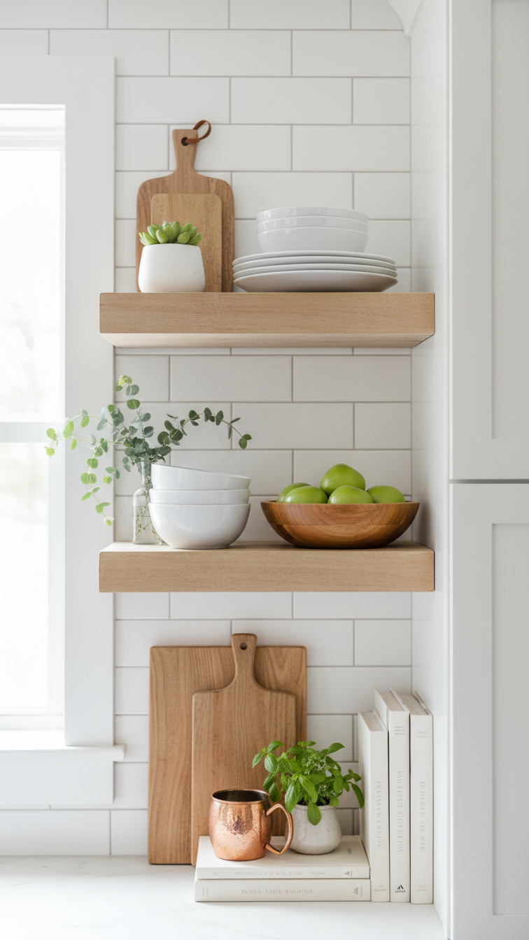 Styled open shelves in a modern farmhouse kitchen with white ceramic dishes, wood accents, greenery, and subway tile backsplash.