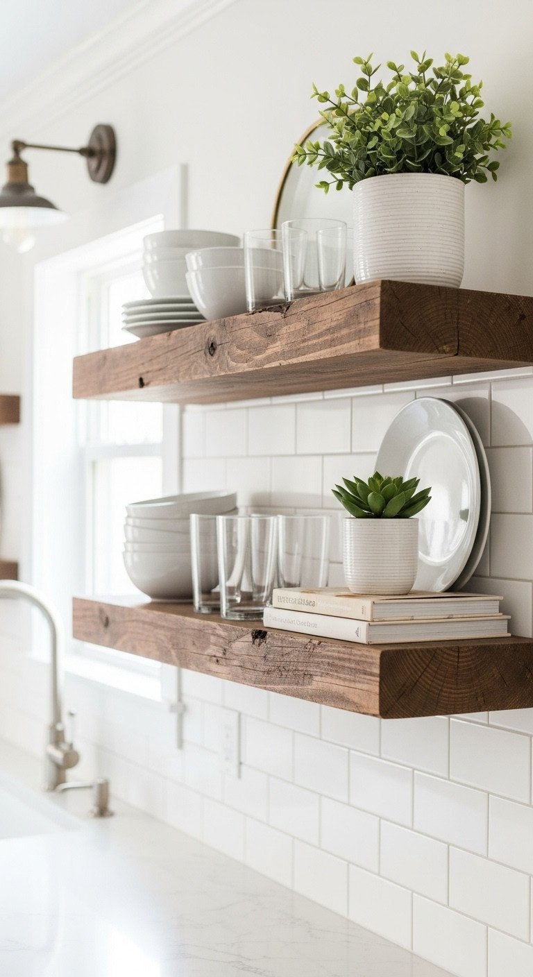 11 Smart Empty Kitchen Wall Ideas For Style And Storage 3 Styled rustic open shelving made of reclaimed wood with white ceramic dishes and a succulent on a white subway tile wall.