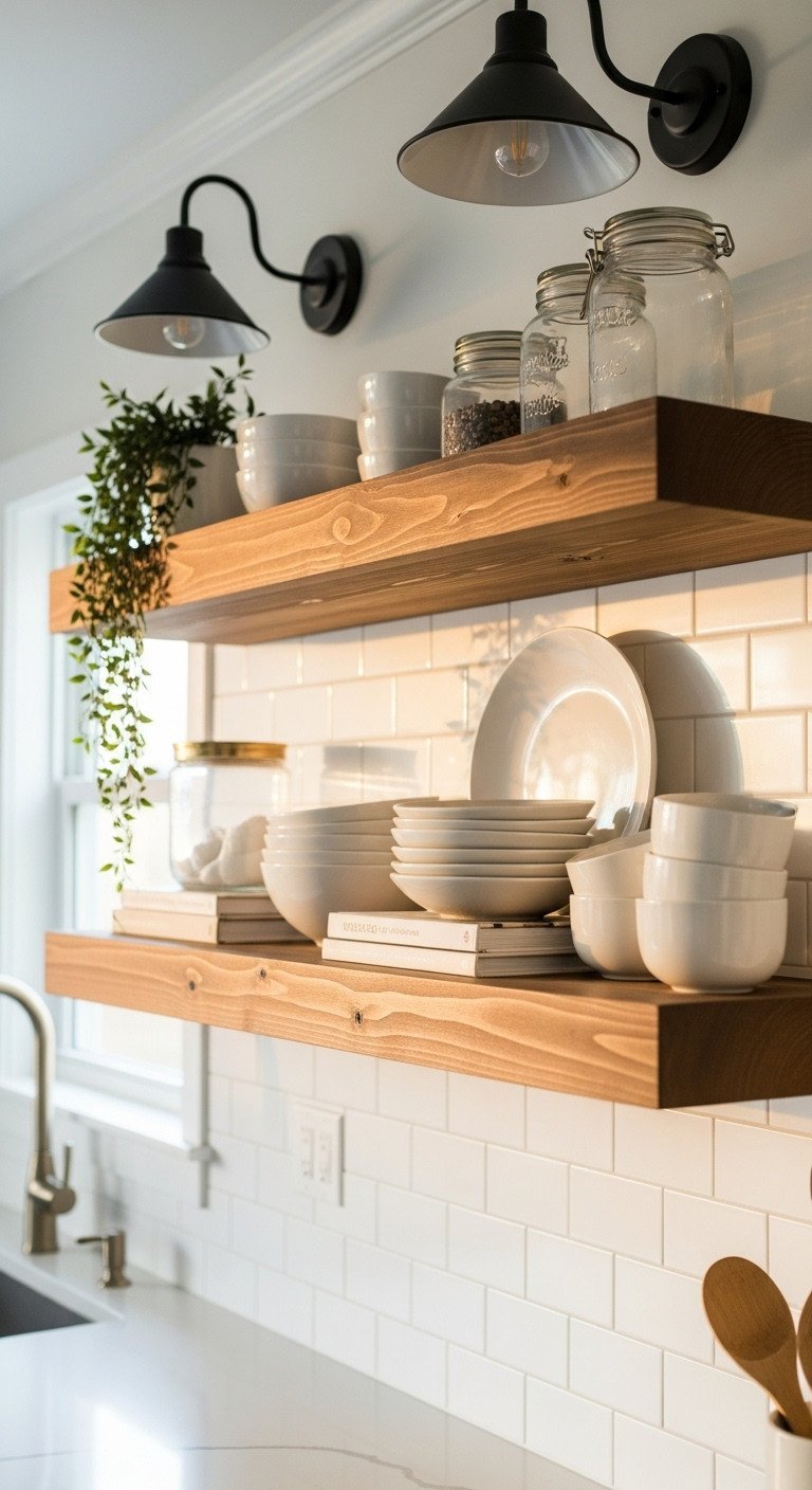 Styled rustic wood floating shelves with white ceramic dishes and a trailing plant mounted on a white subway tile kitchen wall.