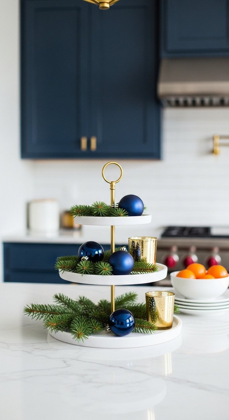 7 Elegant Navy Blue Christmas Kitchen Decor Secrets 3 Styled three-tiered tray with navy blue ornaments, green pine sprigs, and a gold candleholder on a white marble kitchen island.