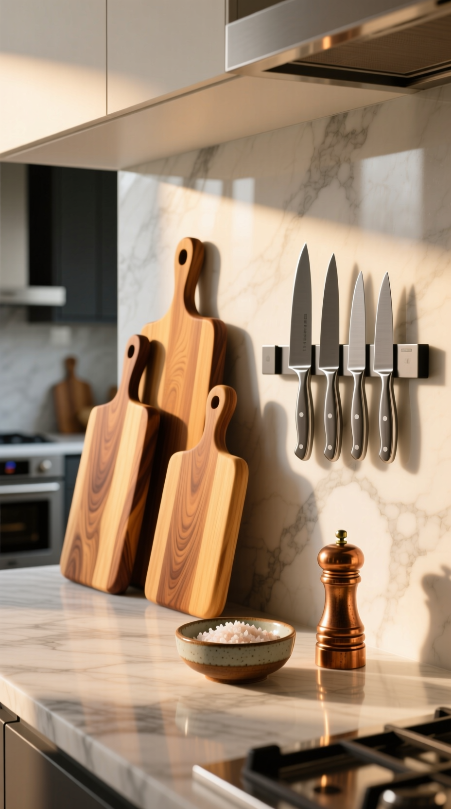 Styled wooden cutting boards and a magnetic knife strip organized on a marble countertop in a warm, modern kitchen.