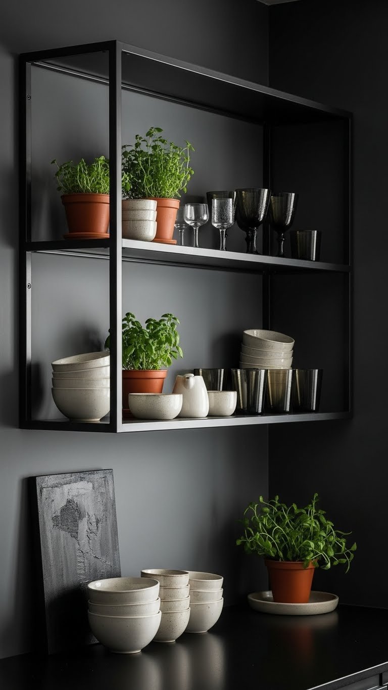 Stylish black metal open shelving in a moody kitchen, showcasing light ceramics, potted herbs, and dark vintage glassware.