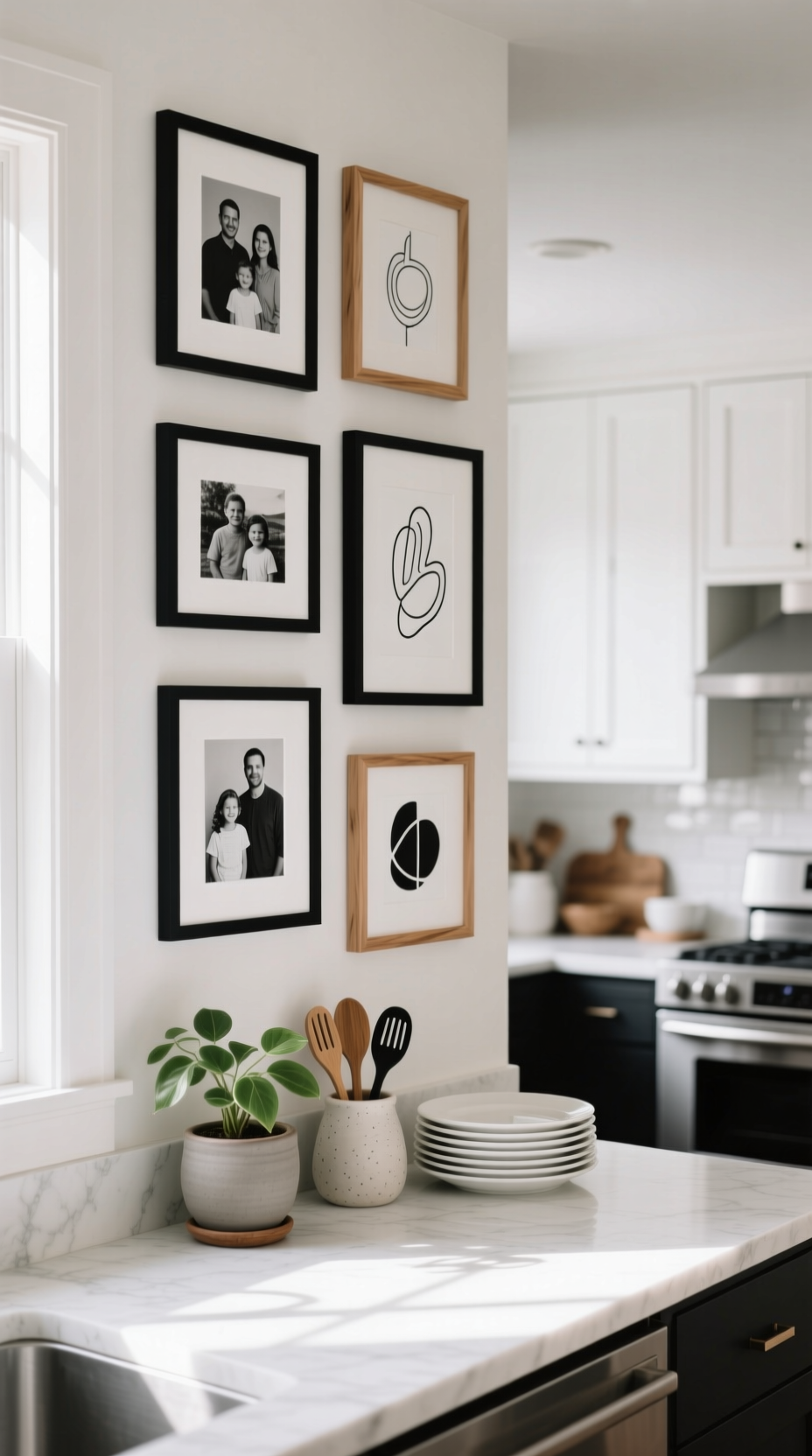 Stylish gallery wall in a bright kitchen with black and white photos and art in black and wood frames over a counter.