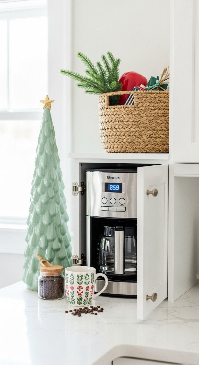 Stylish kitchen arrangement concealing coffee maker with a decorative ceramic Christmas tree, festive mug, and coffee beans.