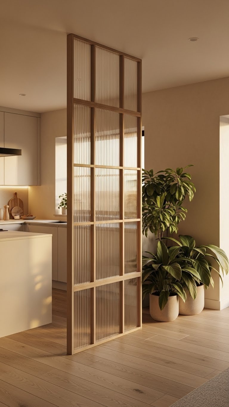 Stylish open concept room divider. Slatted wood screen, neutral wood floor. Warm creams, golden browns, natural wood. Cozy, inviting.