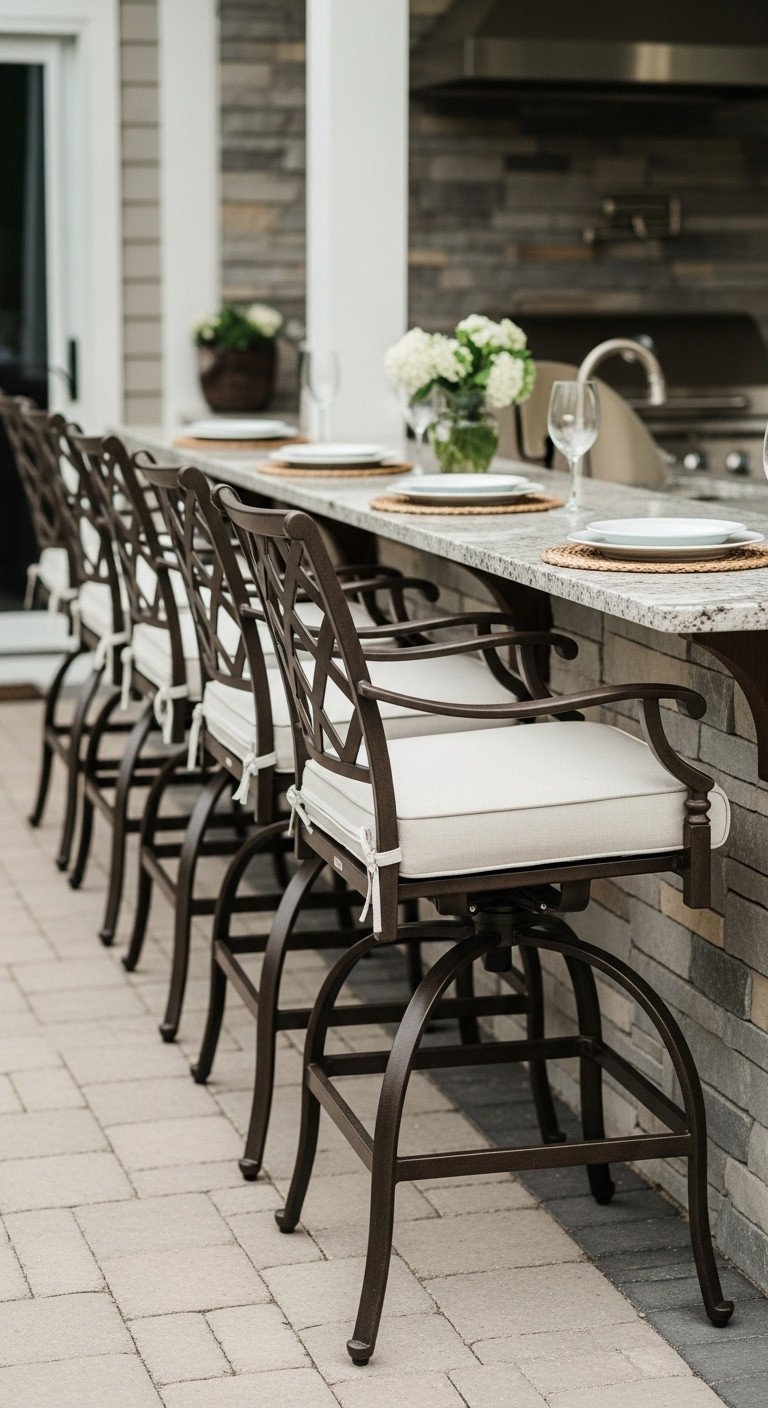 Brilliant Outdoor Kitchen Design Plans To Avoid Costly Mistakes 16 Stylish outdoor bar stools with cushions arranged at a two-tiered granite countertop, creating an inviting seating area.